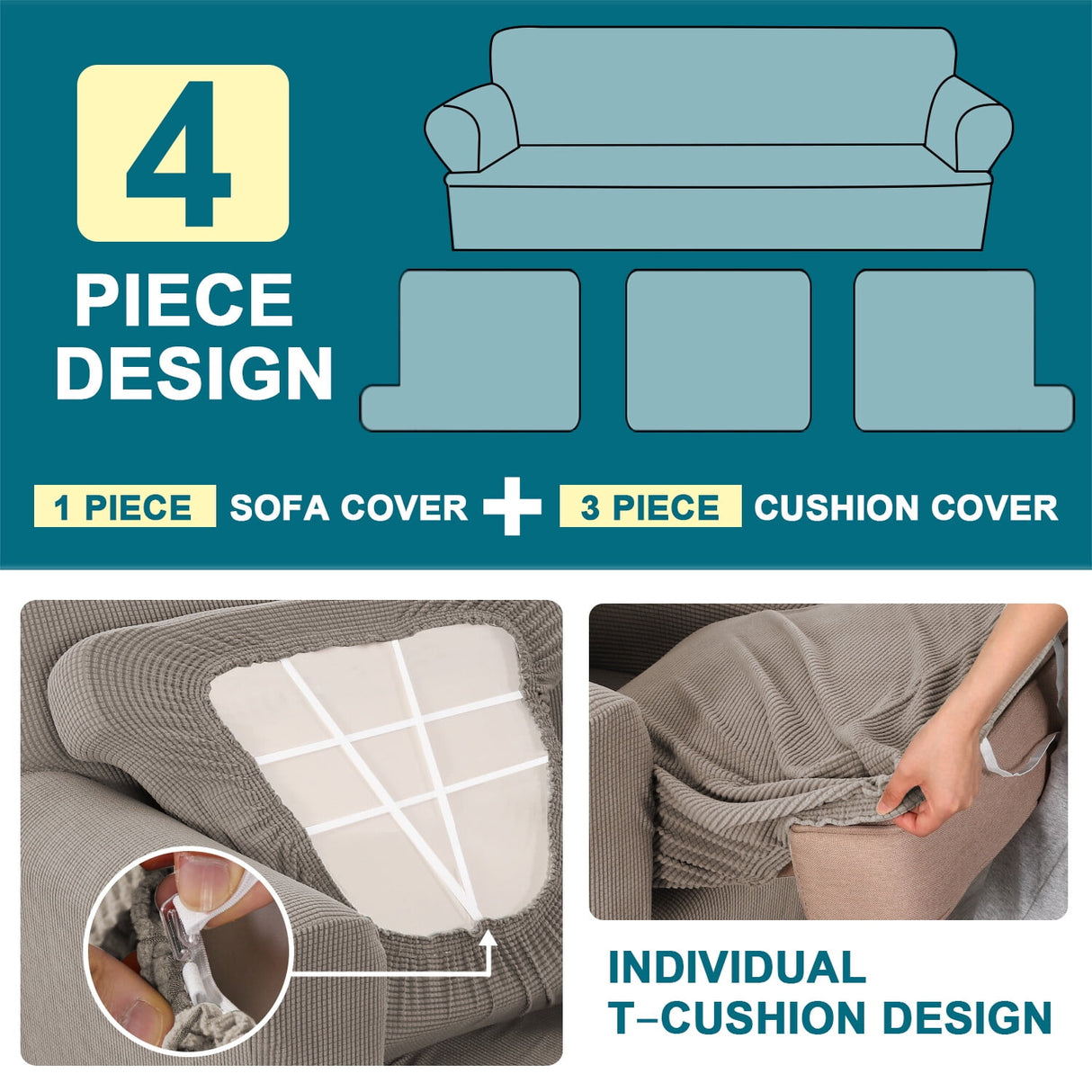 H.VERSAILTEX 4 Pieces Checkerboard Slipcovers Stretch with 3 Individual T Cushion Covers for Living Room(3 Cushion Sofa, Taupe)