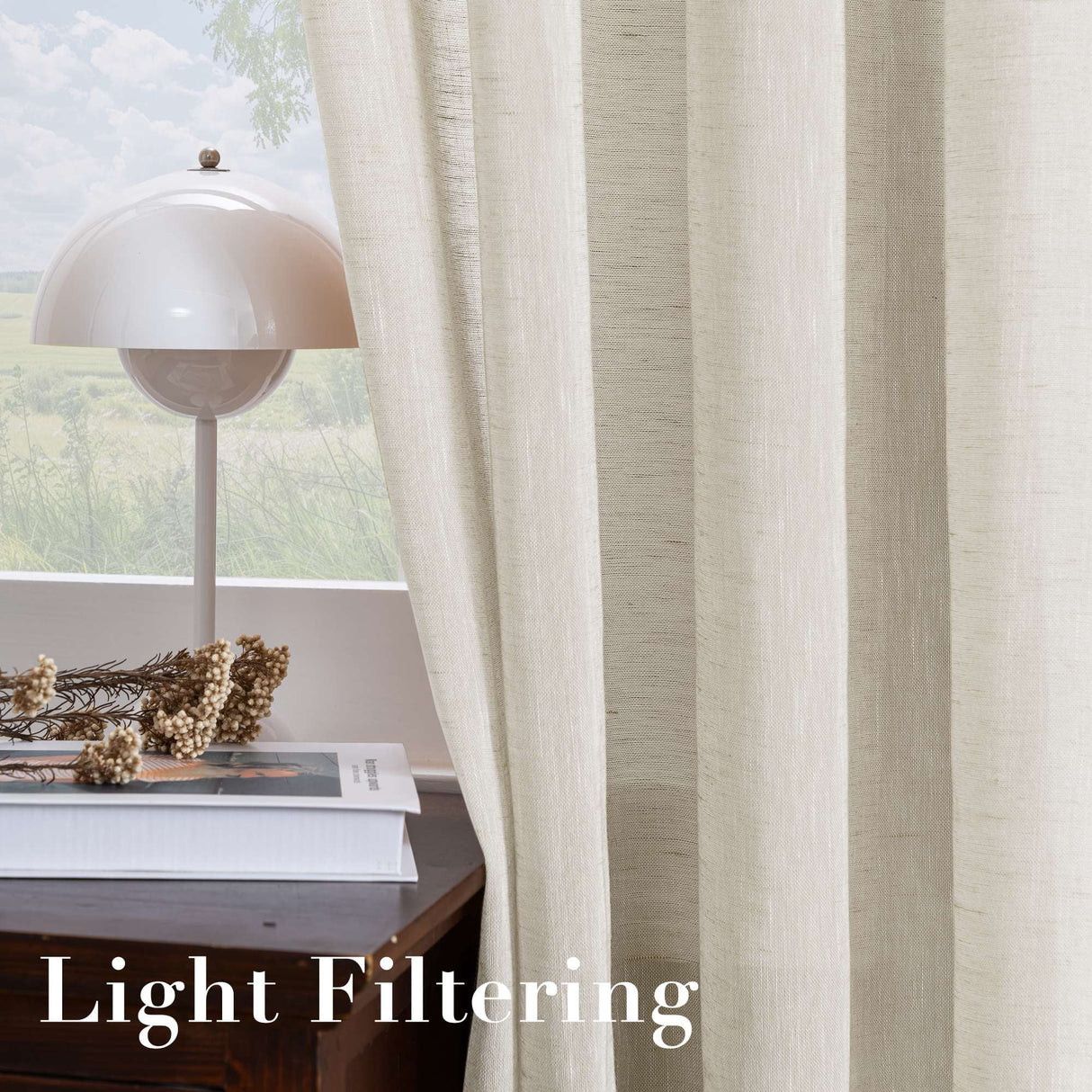 H.VERSAILTEX Farmhouse Natural Linen Sheer Curtains Flax Linen Blended Semi-Sheer Soft Grommet Drapes Set of 2 Panels for Bedroom , 52"x 96" ,Natural