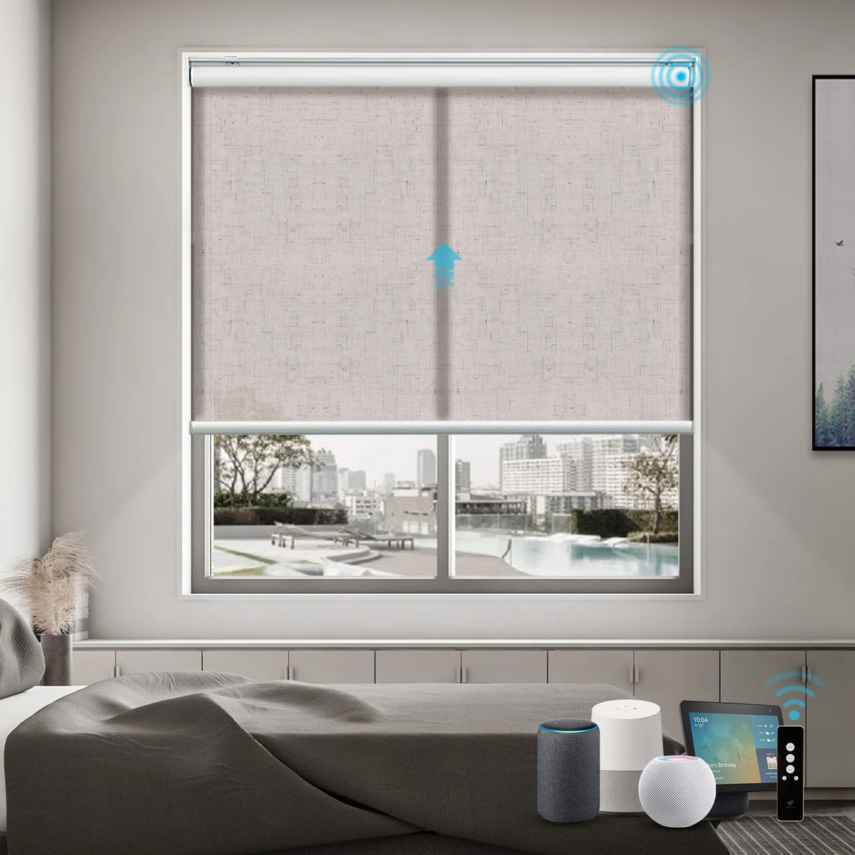 Motorized Light Filtering Roller Shades 70% Blackout Linen