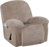 Recliner Chair Cover Velvet Plush 1-Piece Recliner Covers for Large Recliner, Soft Thick Luxury Velvet Furniture Protector with Elastic Bottom, Anti-Slip Foams Attached (Recliner, Grey)