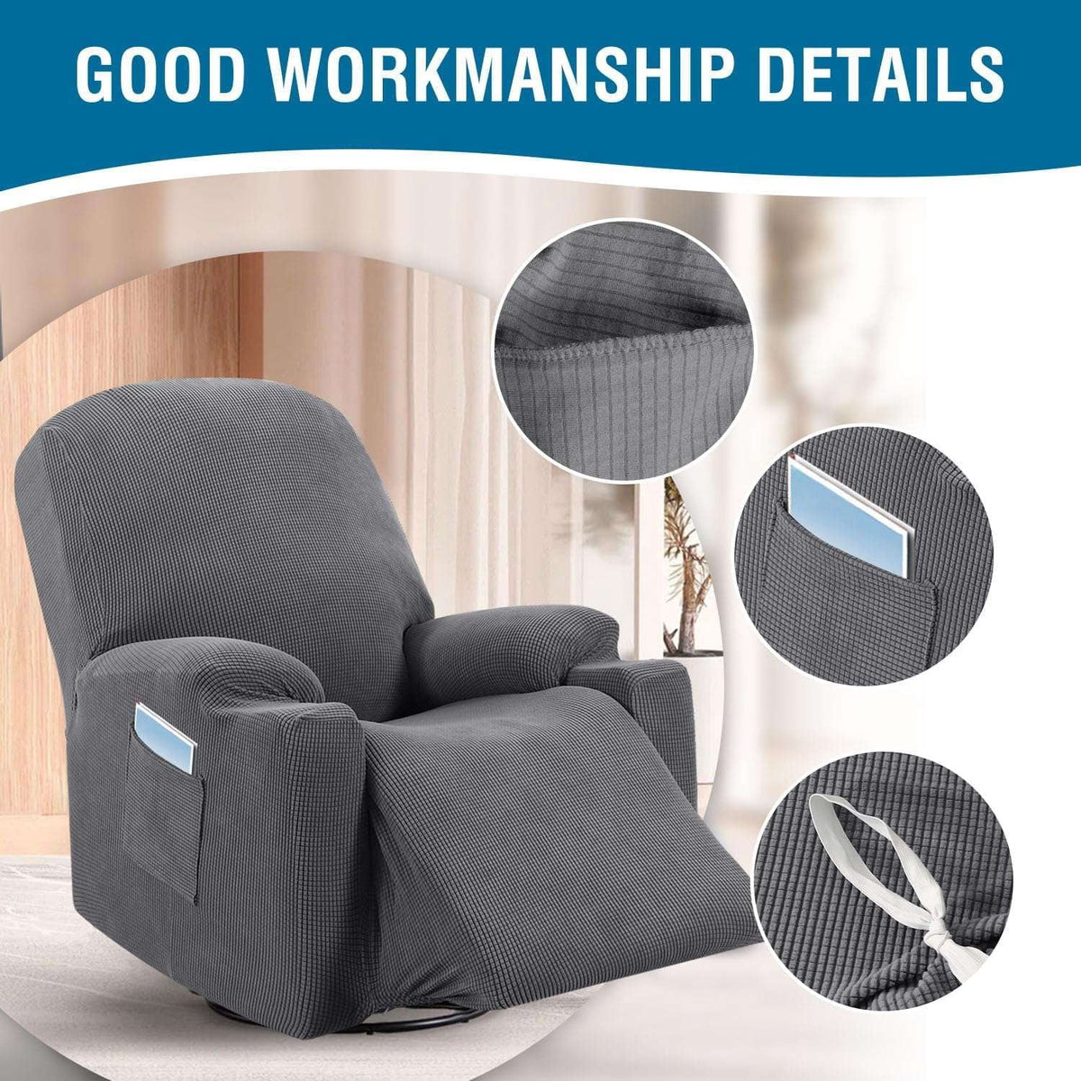 H.VERSAILTEX Slipcover Stretch Electric Power Lift Recliner Chair Cover with Side Pocket, Soft Thick Jacquard(Single Seat, Grey)