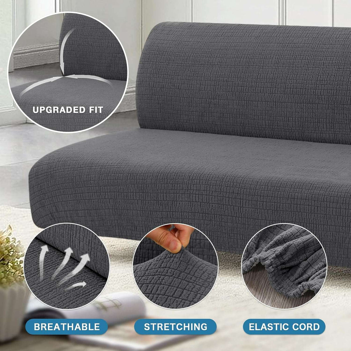 H.VERSAILTEX 100% Waterproof Jacquard Stretch Futon Slipcover Non-Slip Armless Sofa Cover Washable Furniture Protector with Elastic Bottom for Kids and Pets, Grey