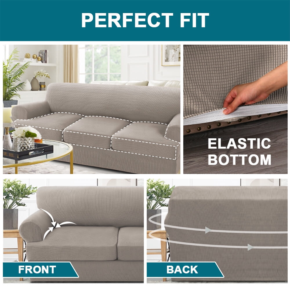 H.VERSAILTEX 4 Pieces Checkerboard Slipcovers Stretch with 3 Individual T Cushion Covers for Living Room(3 Cushion Sofa, Taupe)