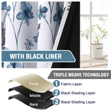 H.VERSAILTEX 100% Blackout Curtains Cattleya Floral Printed Drapes Leah Floral Thermal Bedroom Curtains for Living room with Black Liner 2 Panels,52" x 96",Grey/BLue